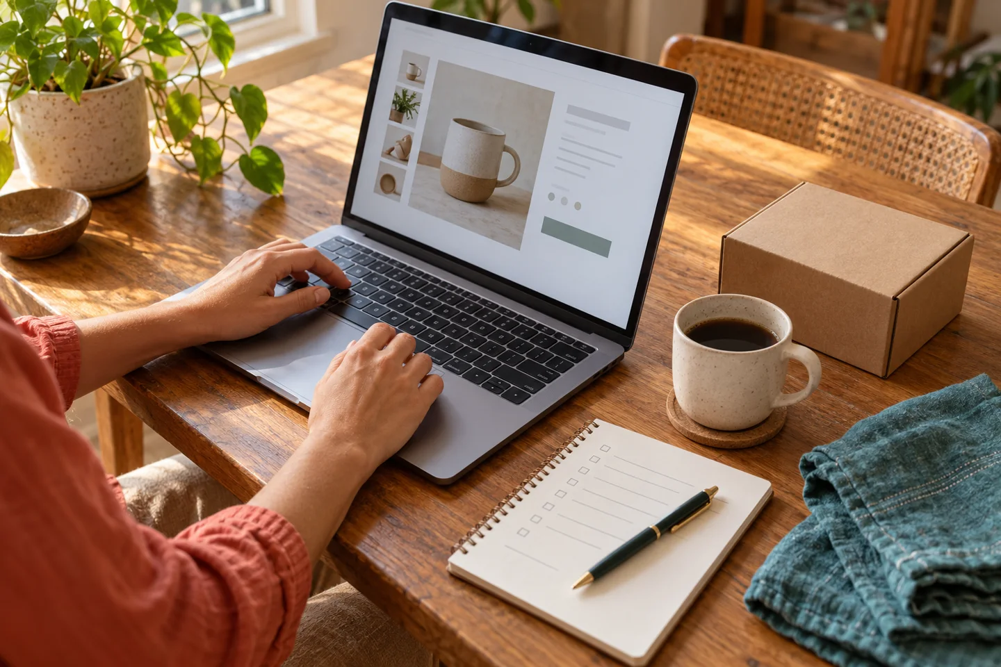 Cena ilustrativa de uma compra sendo comparada no notebook, com caderno e embalagem sobre a mesa.